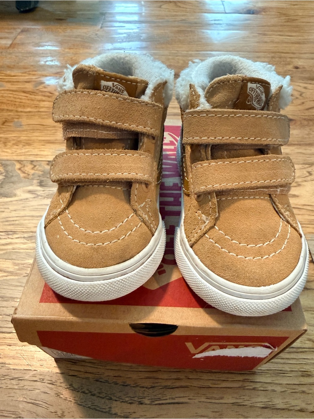 Vans Kids Tan Suede High-Top Velcro Sneakers with White Soles
